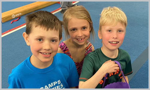 An image depicting three children enjoying a gymnastics birthday party at AIM Gymnastics in Ajax and Pickering, Ontario.