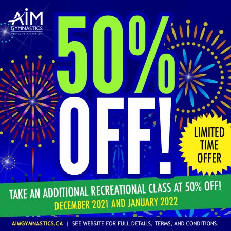 Fireworks on a blue background, text in the foreground promotes 50% off an additional class in the months of December 2021 and January 2022.