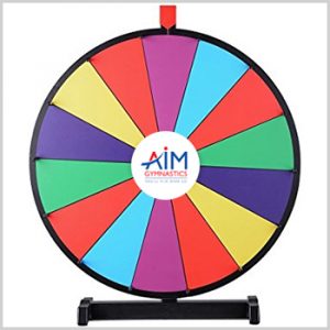 Spinning wheel with AIM Gymnastics logo to represent the prizes families can win when they refer a friend for recreational gymnastics classes in Ajax and Pickering.